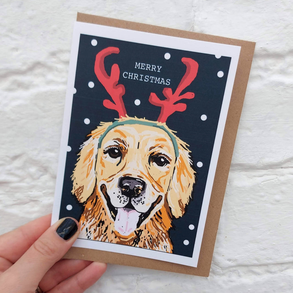 Golden Retriever Antlers Christmas Card